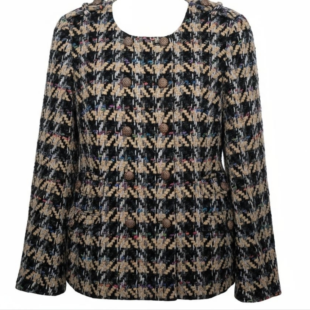 Etcetera Tweed Boucle Wool Houndstooth Blazer Black Multicolor Size 12